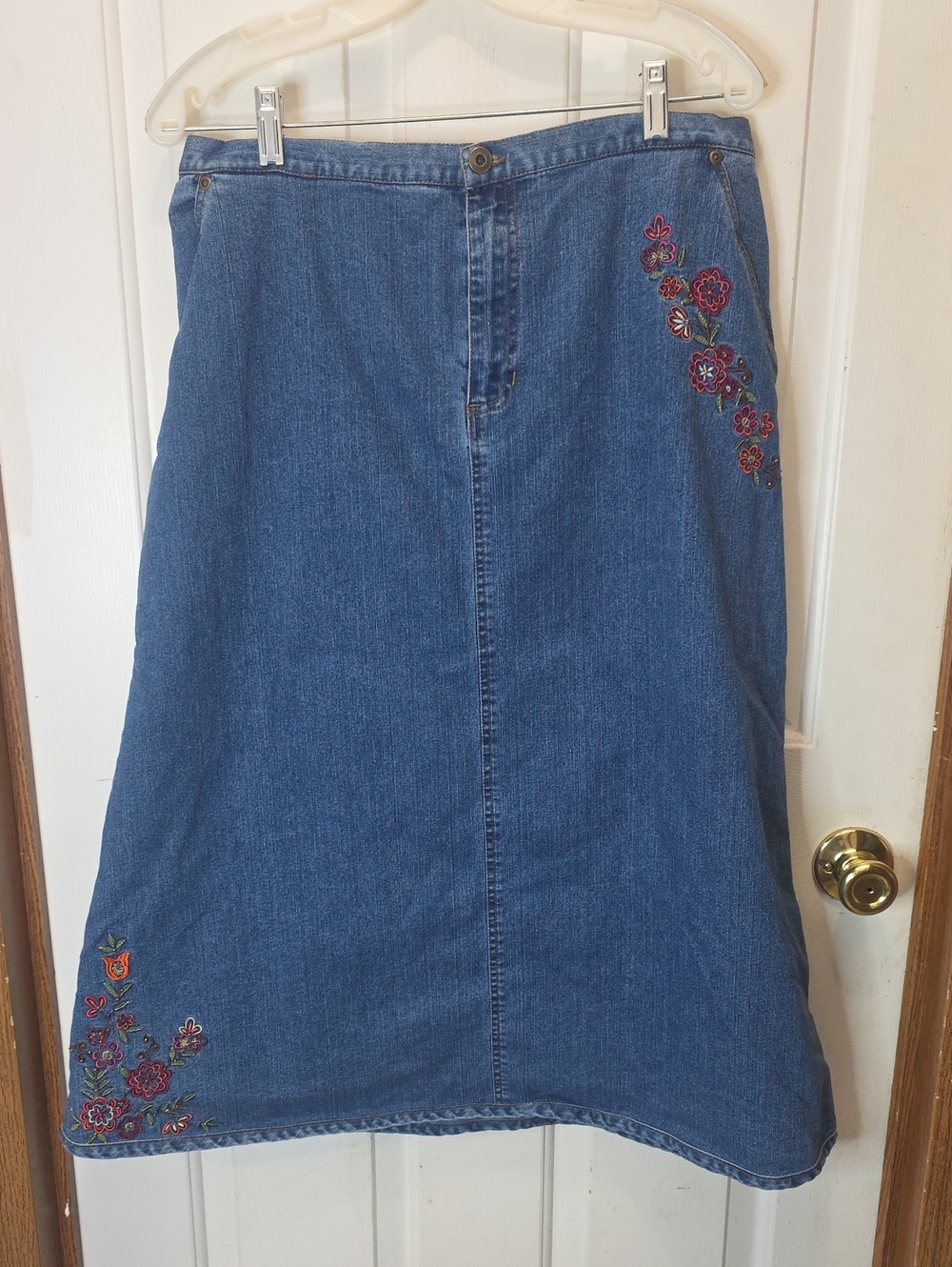 Erika Blue Denim Midi Skirt with Floral Embroidery